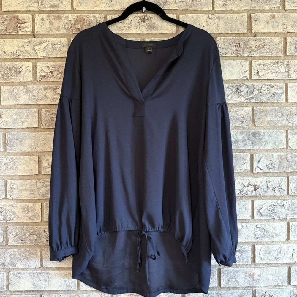 Ann Taylor Navy Long Sleeve Blouse with Drawstring Waist – Size S